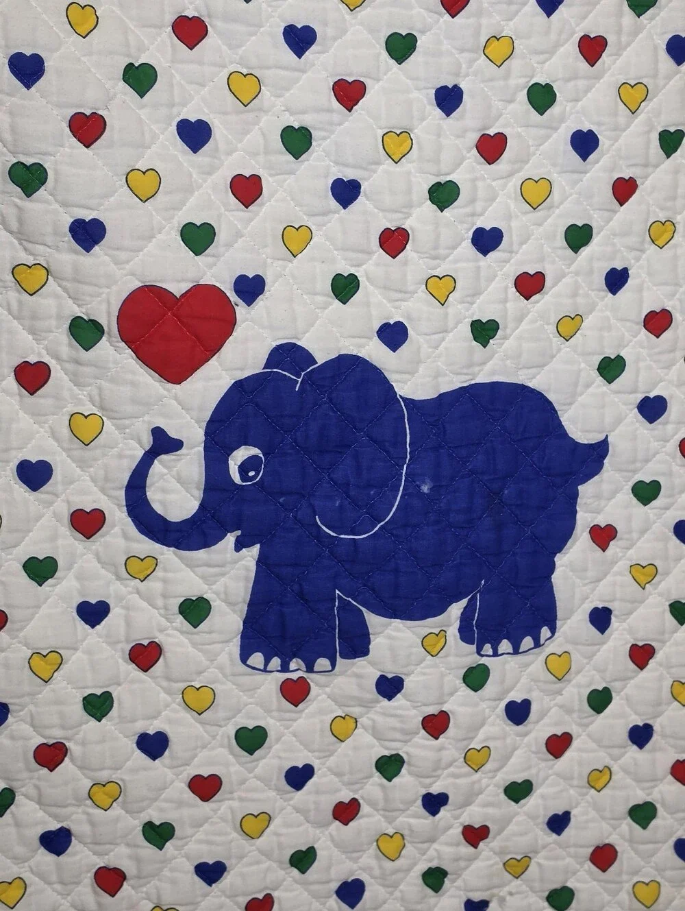 Vtg 1980s Sears Red Calliope Baby Crib Quilt Blanket Blue Elephant Hearts Ruffle